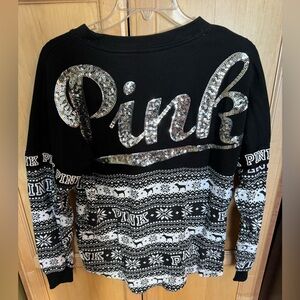 PINK by VS Black and White Crew Neck Sequin Pullover